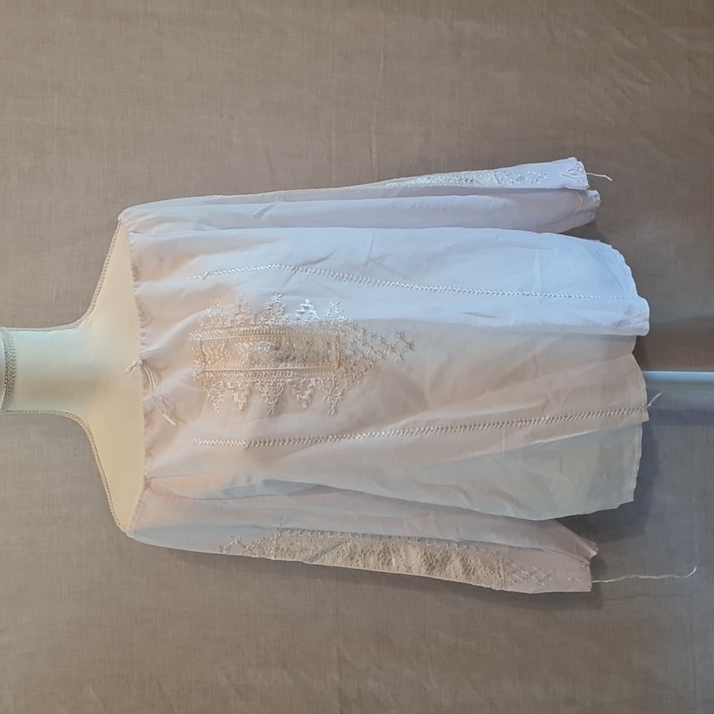 White off the shoulder embellished top, sheer, front tie, sleeve tie, longsleeve